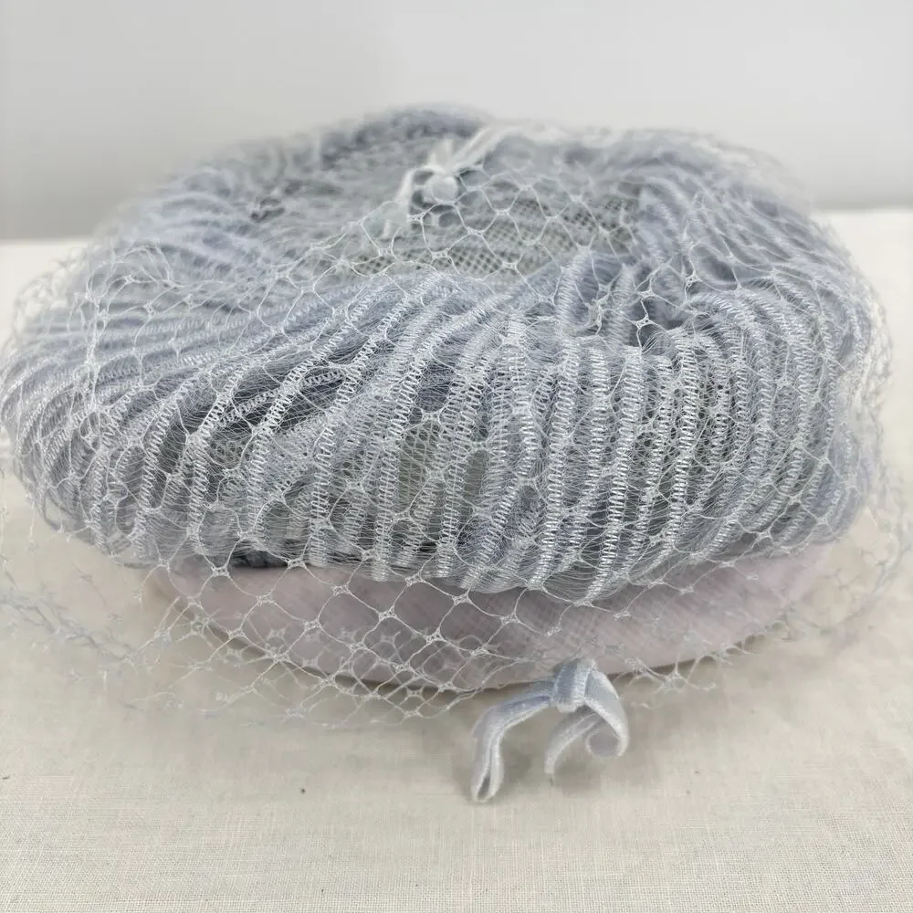 Vtg Pillbox Hat Birdcage Veil Blue Mesh Cocktail Church Wedding Fascinator